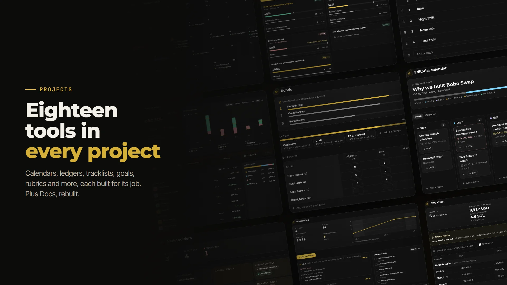 Eighteen project tools and a rebuilt Docs