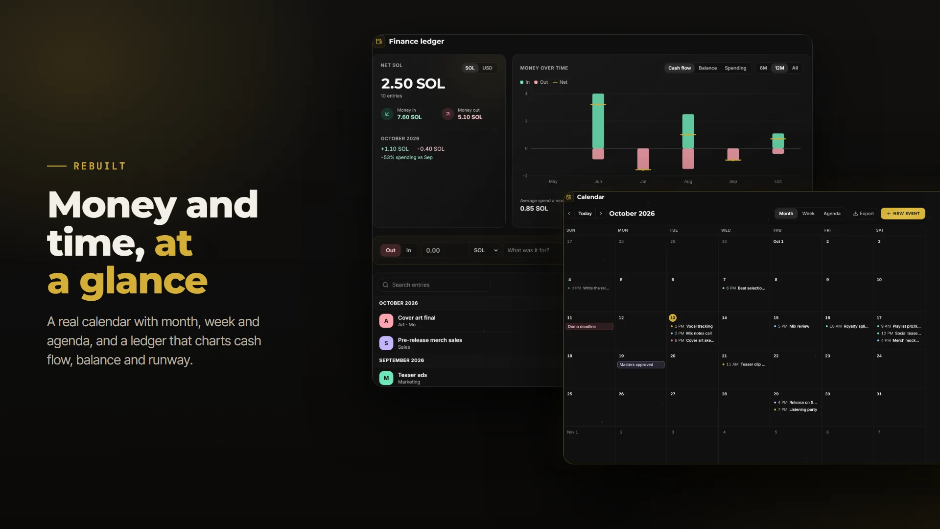 A real calendar and a money ledger with charts
