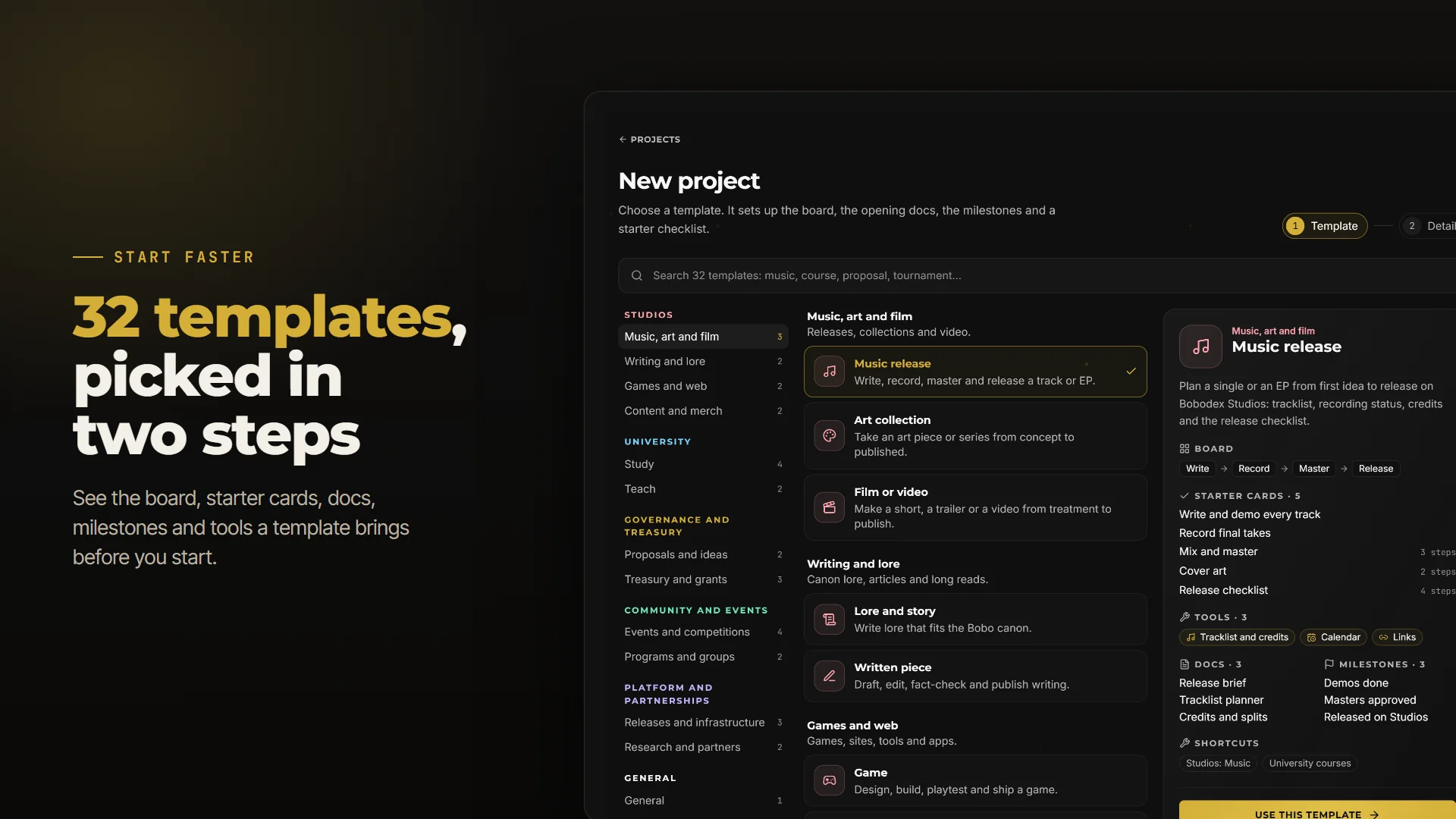 Start a project in two steps